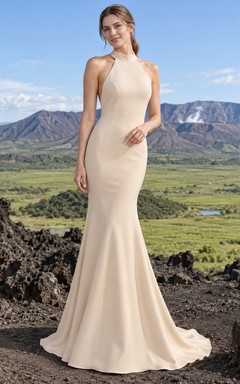 Schlichtes champagnerfarbenes Meerjungfrauen-Brautkleid mit Neckholder, hohem Kragen und Schleppe