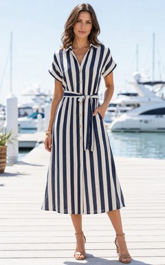 Navy Coastal Stripe Shirt Collar Button Front Midi Dress
