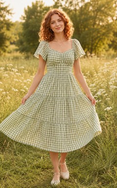 Sage Gingham Square Neck Puff Sleeve Tiered Picnic Dress