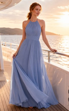 Steel Blue Yacht A-Line Chiffon Bridesmaid Dress with Sleeveless Halter High Neck Bodice, Pleated Floor-Length Skirt and Keyhole Strappy Back