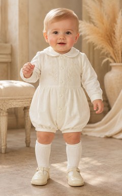 Herbstlicher elfenbeinfarbener Langarm-Baby-Tauf-Strampler aus Samt mit Zopfmuster