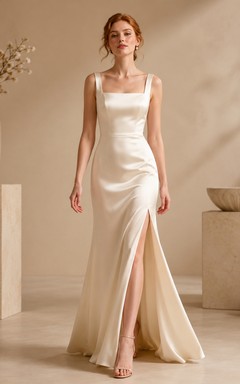 Beach Satin Wedding Dress Sheath Square Neck Sleeveless Sweep Train with Slit Open Back Bridal Gown
