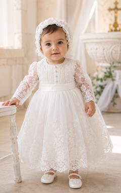 Modest Baby Baptism Christening Ceremony Dress A-Line Tea-Length Jewel Neck Long Sleeve Tulle Lace Bow Back Button Back