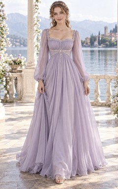 Vestido formal de gasa de manga larga y cuello cuadrado, estilo imperio, color lavanda, estilo renacentista.
