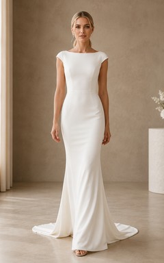 Elegant Bateau Cap Sleeve Satin Mermaid Low V Back Sweep Wedding Dress