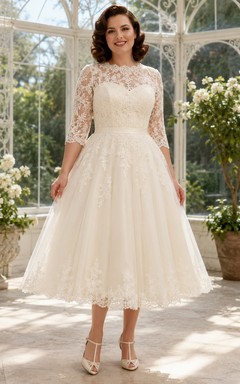 Vintage-Brautkleid aus den 1950er Jahren: Teelänge, mit Schmucksteinen, Dreiviertelärmeln, A-Linie und Spitze, schlicht und elegant.
