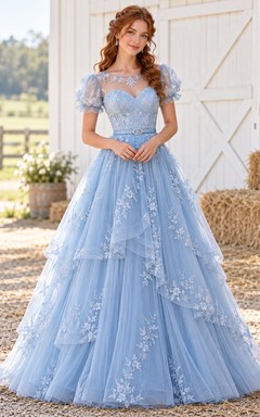 Robe de bal western bleu ciel à manches bouffantes en tulle fleuri et manches bouffantes