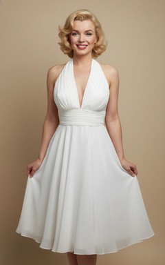 Weißes Retro-Brautkleid mit Neckholder und Raffungen in Midi-Länge – im Stil von Marilyn Monroe