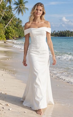 Schulterfreies Brautkleid aus Baumwollpopeline mit gefaltetem Ausschnitt und tailliertem Etuirock