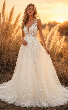 Boho-Brautkleid mit floralem Spitzenoberteil und A-Linien-Schnitt