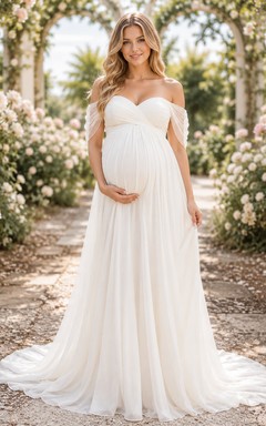 Vestido de novia premamá con hombros descubiertos, sencillo, corte en A, de tul, estilo jardín, con cola suave.