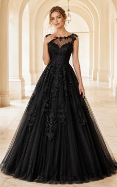 Black Jewel Neck Long Sleeve Lace Tulle Tiered Ball Gown Dress