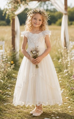 Bohemian Lace Flower Girl Dress with Petal Sleeves, Tulle A-Line Skirt, Floral Lace Bodice, and Floor-Length Outdoor Style
