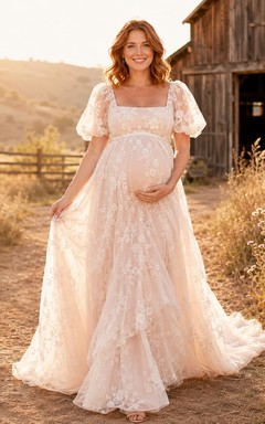 Country Blushing Pink Lace Tulle Wedding Dress A-Line Square Neck Short Sleeve Sweep Train Bridal Gown