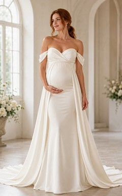 Vestido de novia premamá de satén con escote Bardot y cola drapeada.