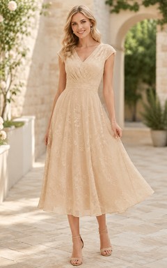 Taupe Guest Dress A-Line Lace V-Neck Cap Sleeve Tea-Length Romantic Garden Style