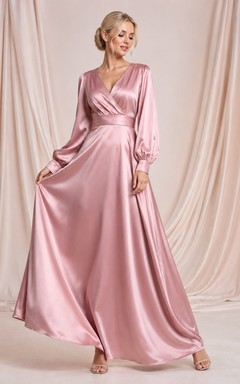Mauve Cowl Neck Long Sleeve Satin A-Line Floor Formal Dress