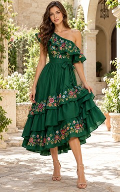 High-low One Shoulder Green Floral Embroidered Ruffled Cumbia Dress