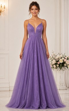 Lavender Glitter Tulle Spaghetti Strap A-Line Formal Gown
