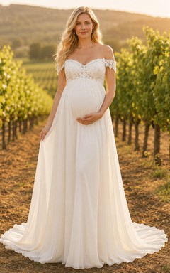 Maternity Wedding Dress Off-the-Shoulder Lace Bodice Vineyard Bridal Gown with Sweep Train
