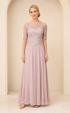 Abendkleid in Altrosa mit Dreiviertelärmeln, A-Linie und bodenlang