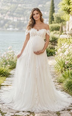 Umstands-Hochzeitskleid mit schulterfreiem Oberteil aus Spitze und Tüll