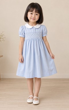 Modest Sky Blue Knee Length Small Diamond Smocked White Collar Full Flower Girl Dress