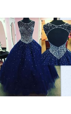 Bateau-Ballkleid, bodenlang, ärmellos, aus Tüll, mit Reißverschluss und Schlüssellochausschnitt am Rücken