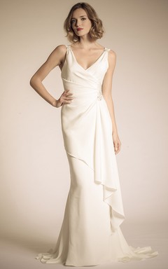 Floor-Length V-Neck Draped Chiffon Wedding Dress With Court Train And V Back