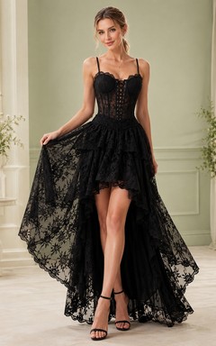Black Lace Spaghetti Strap High-low Tulle A-Line Evening Dress