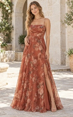 Papaya Terracotta Floral Print Square-Neck Sleeveless Side-Slit Floor-Length Chiffon Bridesmaid Dress