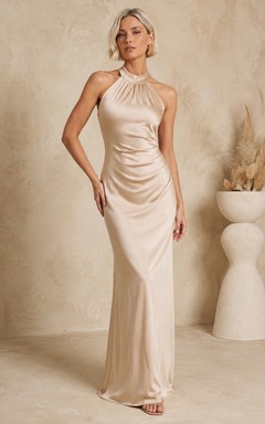 Ivory Halter Neck Sleeveless Stretch Satin Sheath Floor Evening Dress