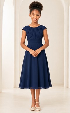 Affordable Dark Navy Short Sleeve Chiffon Scoop A-Line Tea-length Junior Bridesmaid Dress