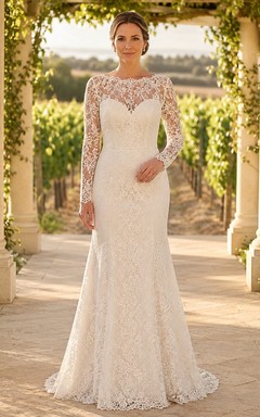 Bridal Lace Jewel Neck Long Sleeve A-Line Sweep Train Wedding Gown