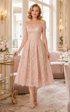 Blushing Pink Bridal Luncheon Cap Sleeve Lace Tea Length A Line Dress