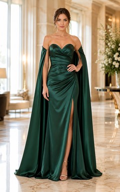 Robe de soirée sirène en satin vert foncé, épaules dénudées et traîne fendue