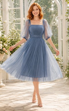 Steel Blue Square-Neck Puff-Sleeve Tulle A-Line Tea-Length Bridesmaid Dress Romantic