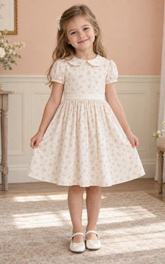 Schlichtes, schlichtes elfenbeinfarbenes knielanges Kleid mit Peter-Pan-Kragen, kurzen Rüschenärmeln und floralem Muster für Blumenmädchen