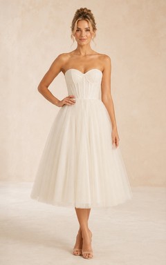 Strapless Sweetheart Tulle A-Line Tea-length Simple Elegant Bridal Dress