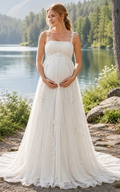 Umstandsbrautkleid mit eckigem Ausschnitt, Trägern, A-Linie, Tüllkleid „Lakeside“ mit Spitzensaum