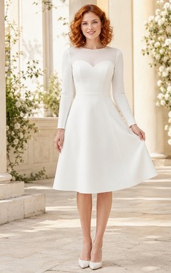 White High Neck Long Sleeve Jersey Tea-Length A-Line Dress
