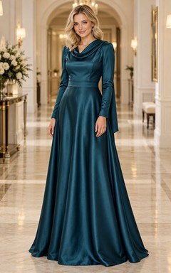 Vestido de dama de honor de satén azul verdoso oscuro de manga larga con cuello tipo bufanda