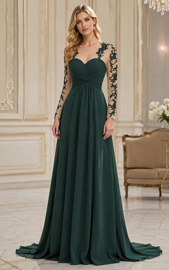 Robe de bal en mousseline vert foncé à manches longues et décolleté en cœur illusion