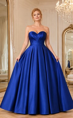 Royal blue strapless sweetheart satin ball gown with full skirt