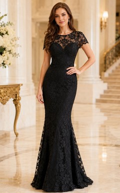 Black Lace Cap Sleeve Mermaid Floor-length Formal Evening Gown
