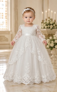 Robe de baptême pour bébé, robe de princesse modeste, robe de bal longue à manches longues en tulle illusion et dentelle, avec ceinture à nœud, blanche