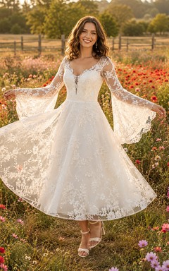 Boho Scalloped Lace Bell Sleeve Tea Length Country Wedding Dress