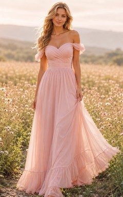 Vestido de retrato de gasa color rosa con hombros descubiertos y bajo con volantes