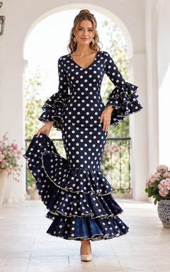 Dunkelblaues, weiß gepunktetes, gestuftes Meerjungfrauen-Flamencokleid mit V-Ausschnitt, Dreiviertel-Glockenärmeln und weißen Punkten
