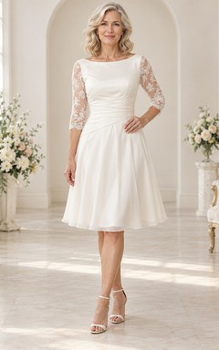 Modest Knee Length Wedding A-Line Chiffon Dress for Older Brides with Bateau and Lace Sleeves